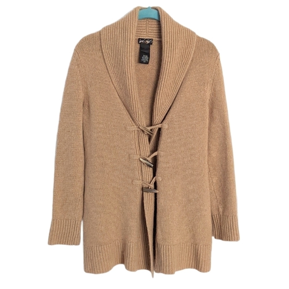 Lord & Taylor wool cashmere antler buttons cable knit cardigan camel brown Small